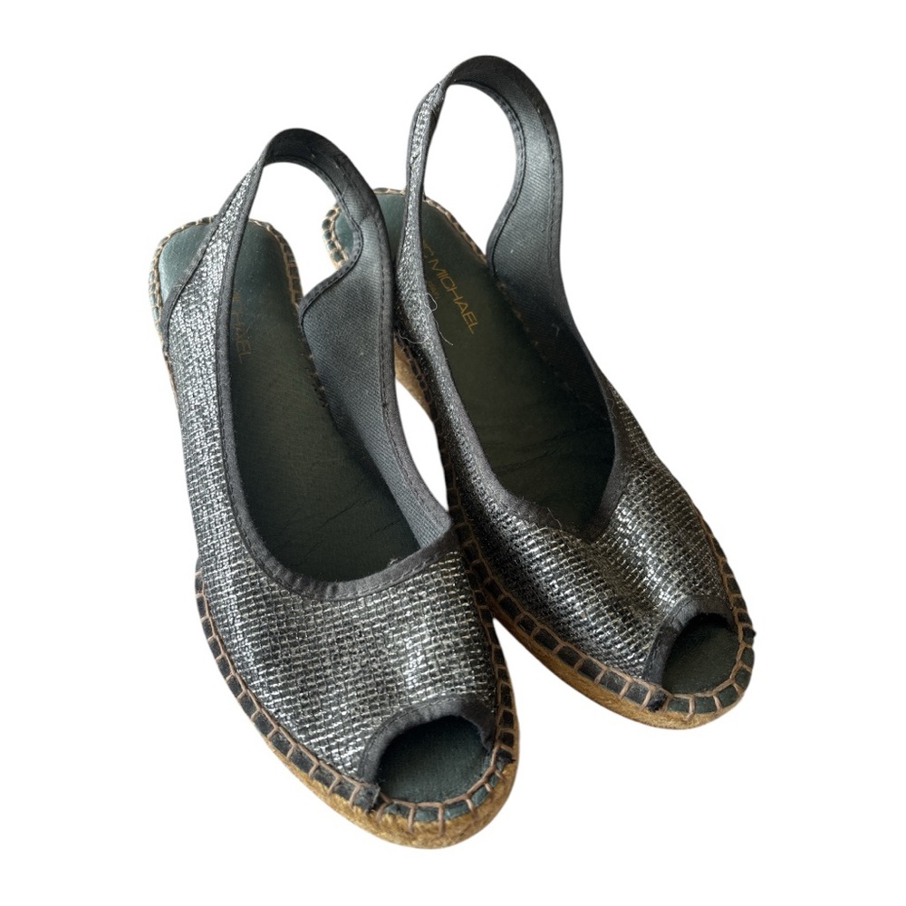 ✨ (NWOT) Eric Michael Silver Peep-Toe Slingback Espadrilles ✨
